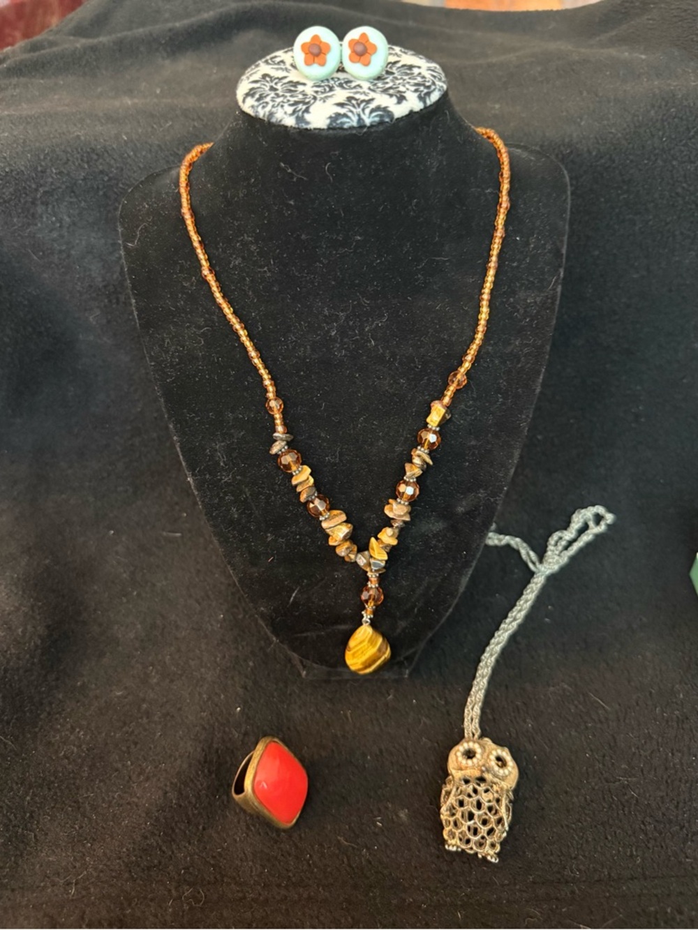 Handcrafted Tiger's Eye Beaded Necklace, vintage ring (6.5) Owl necklace